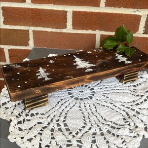 Rustic Wood Holiday Riser Tray With Christmas Tree & Snow Design Handmade